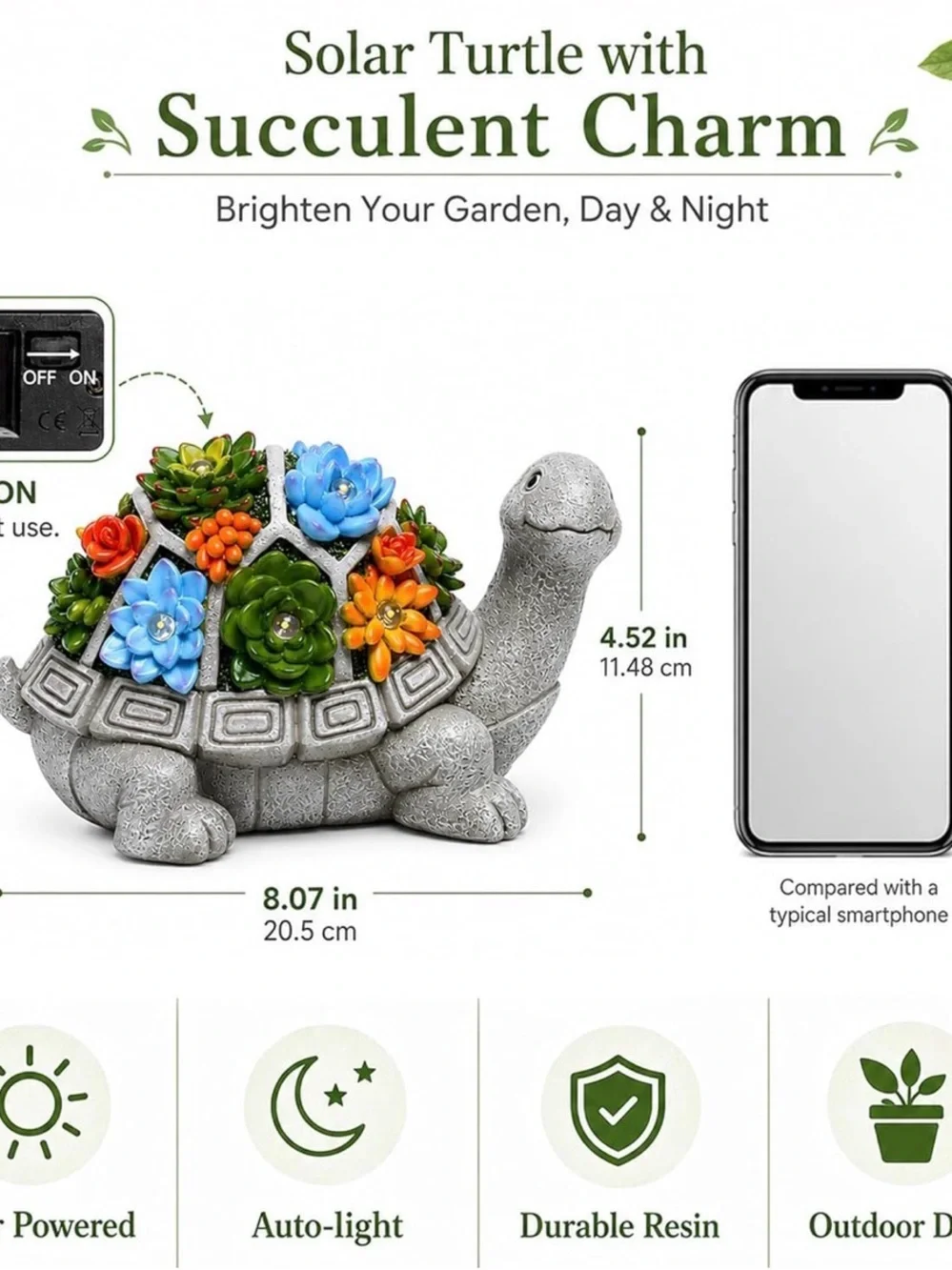 Solar Turtle Planter with Colorful LED Succulents - Garden Accent